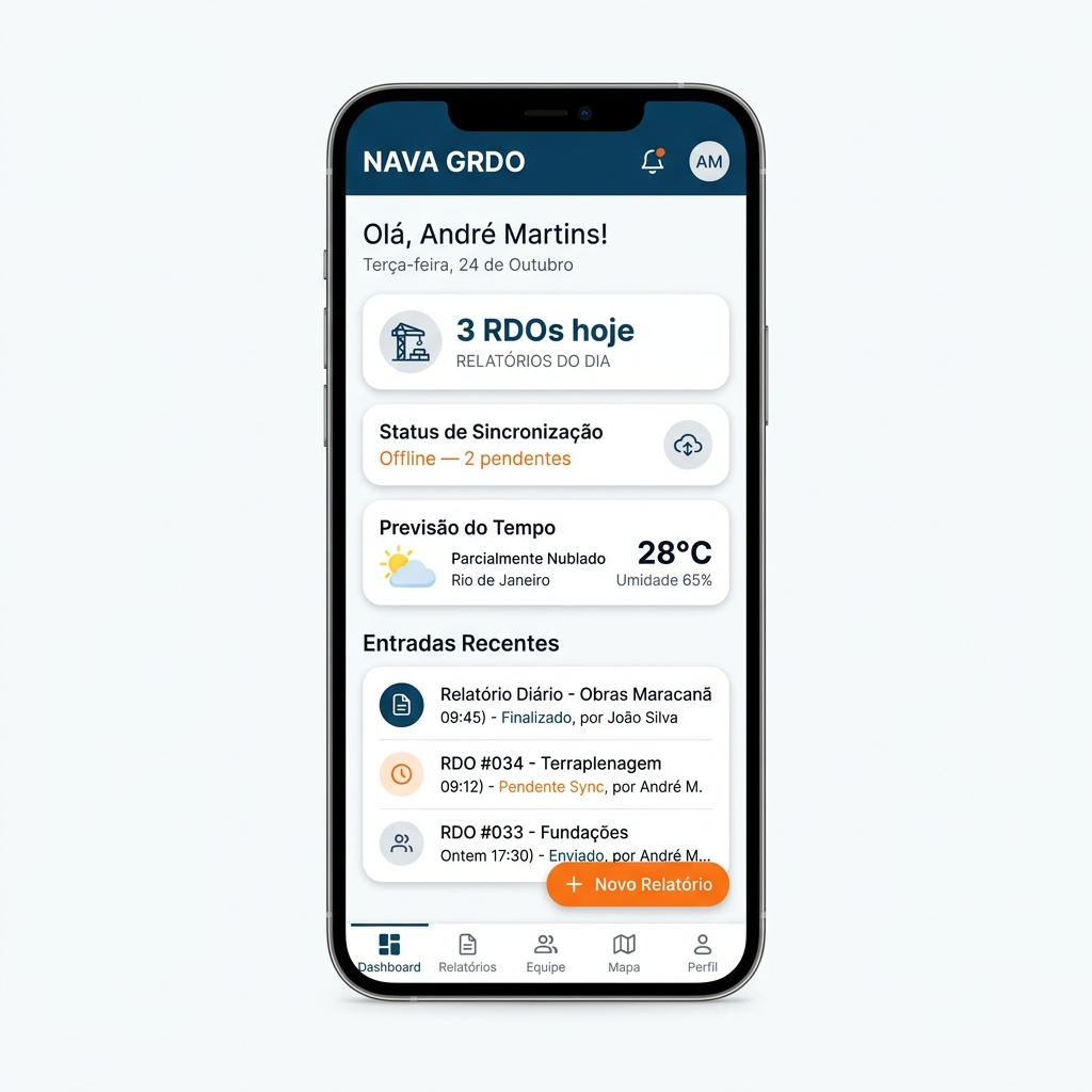 Tela do dashboard do app NAVA GRDO mostrando RDOs do dia e status de sincronização offline